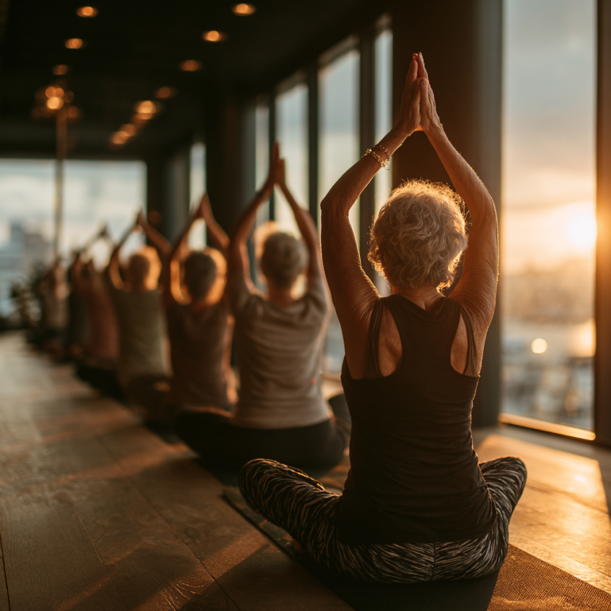 Възрастна жена практикува йога